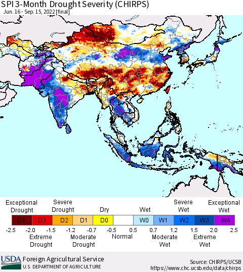 Asia SPI 3-Month Drought Severity (CHIRPS) Thematic Map For 6/16/2022 - 9/15/2022