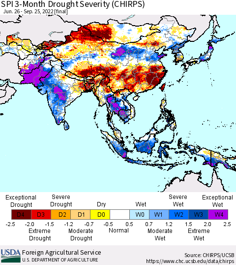 Asia SPI 3-Month Drought Severity (CHIRPS) Thematic Map For 6/26/2022 - 9/25/2022