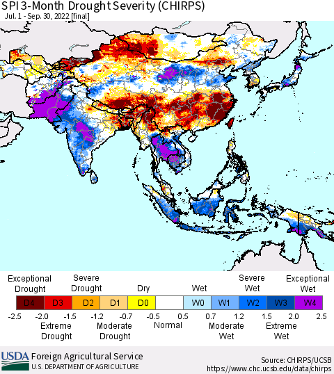 Asia SPI 3-Month Drought Severity (CHIRPS) Thematic Map For 7/1/2022 - 9/30/2022