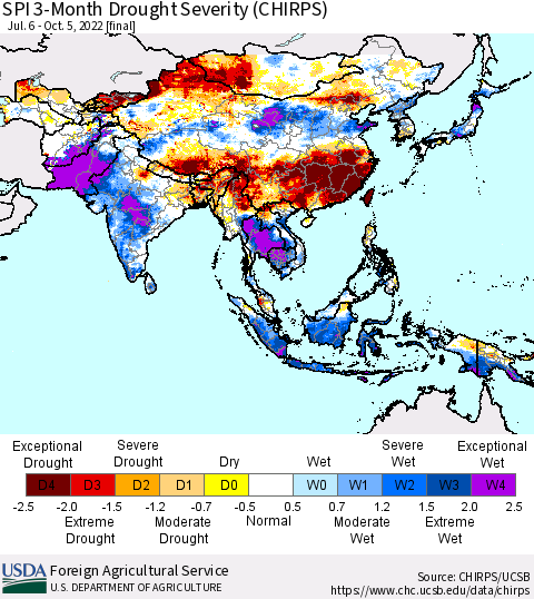 Asia SPI 3-Month Drought Severity (CHIRPS) Thematic Map For 7/6/2022 - 10/5/2022