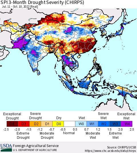 Asia SPI 3-Month Drought Severity (CHIRPS) Thematic Map For 7/11/2022 - 10/10/2022