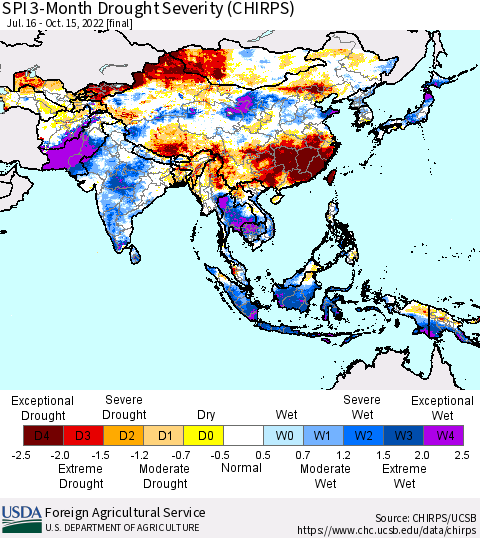 Asia SPI 3-Month Drought Severity (CHIRPS) Thematic Map For 7/16/2022 - 10/15/2022