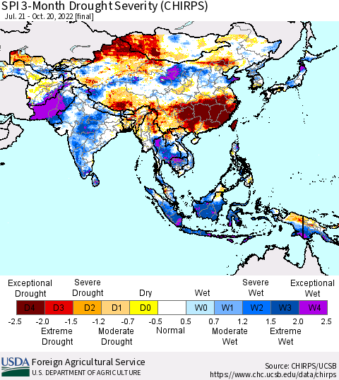 Asia SPI 3-Month Drought Severity (CHIRPS) Thematic Map For 7/21/2022 - 10/20/2022