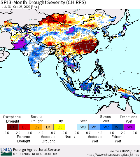 Asia SPI 3-Month Drought Severity (CHIRPS) Thematic Map For 7/26/2022 - 10/25/2022