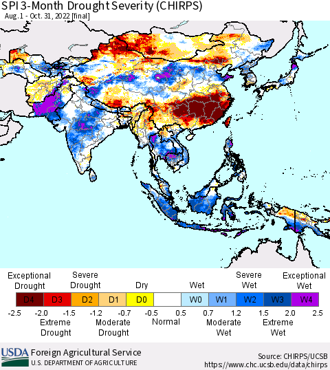 Asia SPI 3-Month Drought Severity (CHIRPS) Thematic Map For 8/1/2022 - 10/31/2022
