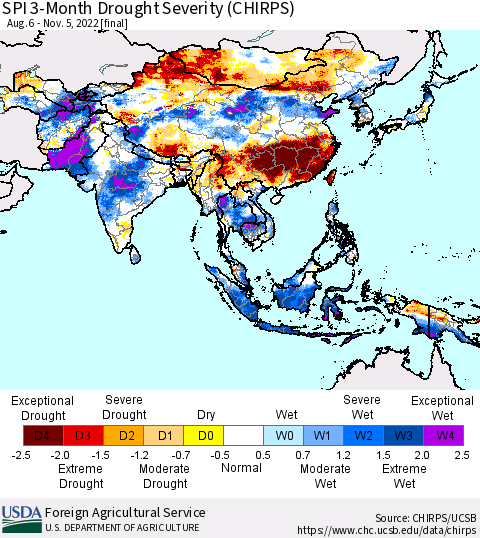 Asia SPI 3-Month Drought Severity (CHIRPS) Thematic Map For 8/6/2022 - 11/5/2022