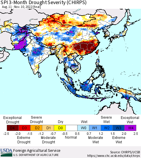 Asia SPI 3-Month Drought Severity (CHIRPS) Thematic Map For 8/11/2022 - 11/10/2022