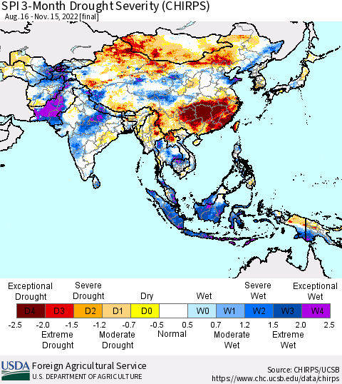 Asia SPI 3-Month Drought Severity (CHIRPS) Thematic Map For 8/16/2022 - 11/15/2022