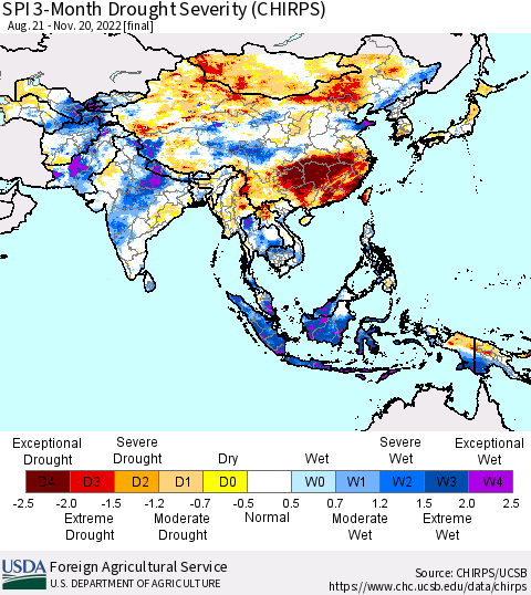 Asia SPI 3-Month Drought Severity (CHIRPS) Thematic Map For 8/21/2022 - 11/20/2022