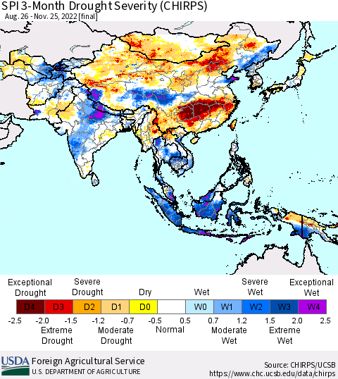 Asia SPI 3-Month Drought Severity (CHIRPS) Thematic Map For 8/26/2022 - 11/25/2022