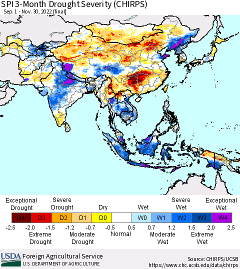 Asia SPI 3-Month Drought Severity (CHIRPS) Thematic Map For 9/1/2022 - 11/30/2022