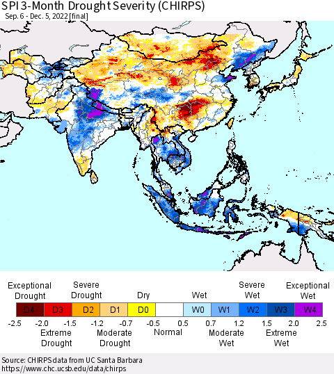 Asia SPI 3-Month Drought Severity (CHIRPS) Thematic Map For 9/6/2022 - 12/5/2022