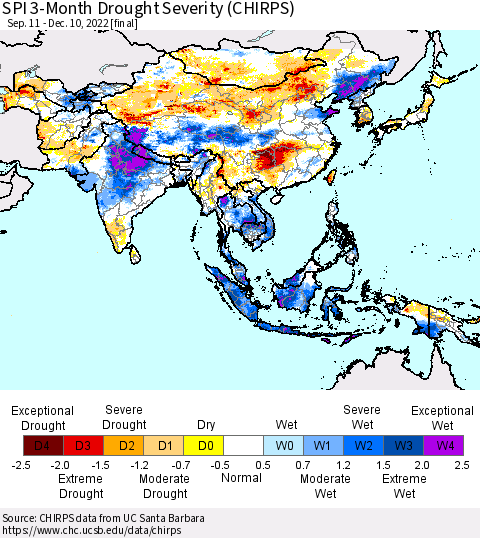 Asia SPI 3-Month Drought Severity (CHIRPS) Thematic Map For 9/11/2022 - 12/10/2022