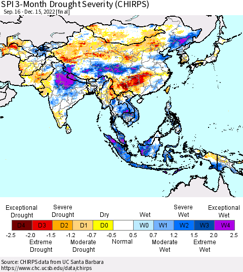 Asia SPI 3-Month Drought Severity (CHIRPS) Thematic Map For 9/16/2022 - 12/15/2022