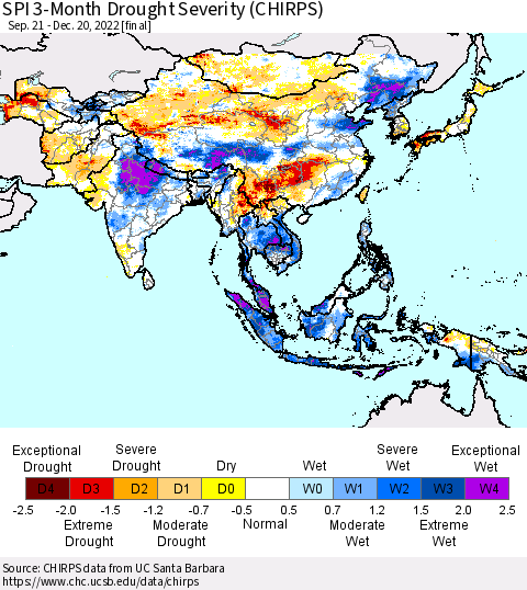 Asia SPI 3-Month Drought Severity (CHIRPS) Thematic Map For 9/21/2022 - 12/20/2022
