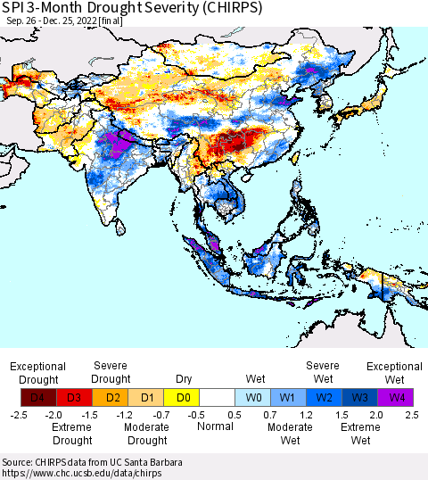 Asia SPI 3-Month Drought Severity (CHIRPS) Thematic Map For 9/26/2022 - 12/25/2022