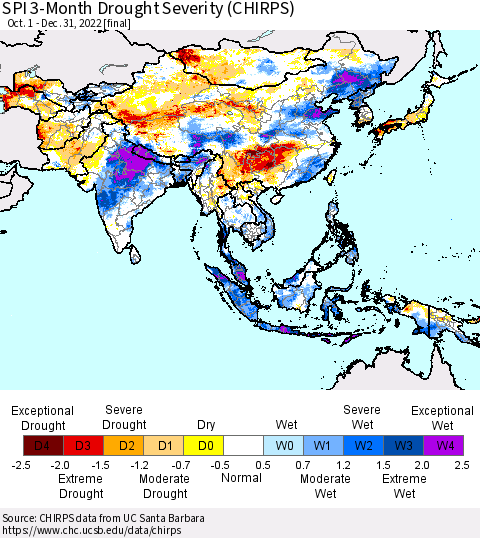 Asia SPI 3-Month Drought Severity (CHIRPS) Thematic Map For 10/1/2022 - 12/31/2022