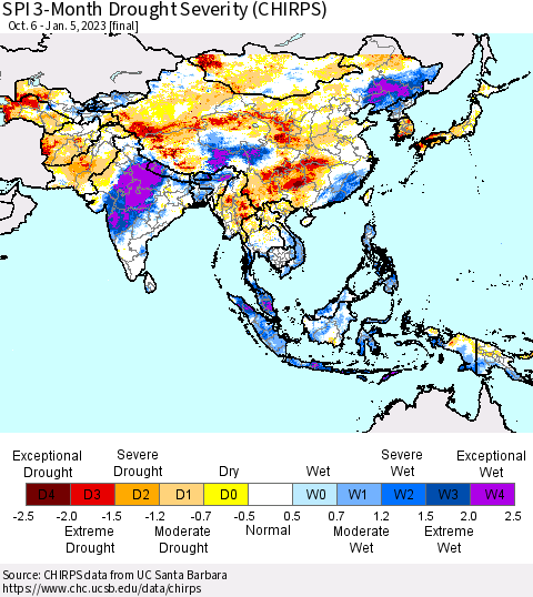 Asia SPI 3-Month Drought Severity (CHIRPS) Thematic Map For 10/6/2022 - 1/5/2023