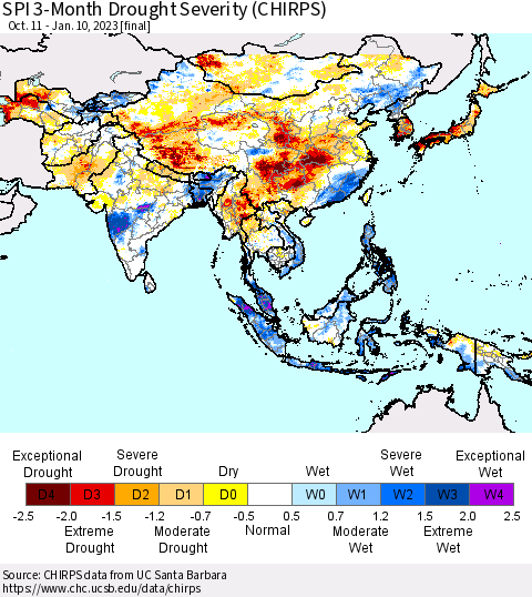 Asia SPI 3-Month Drought Severity (CHIRPS) Thematic Map For 10/11/2022 - 1/10/2023