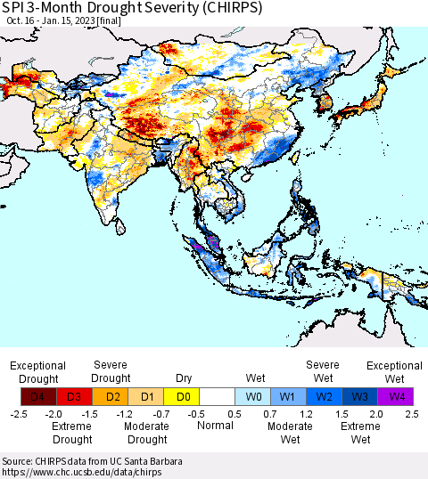 Asia SPI 3-Month Drought Severity (CHIRPS) Thematic Map For 10/16/2022 - 1/15/2023