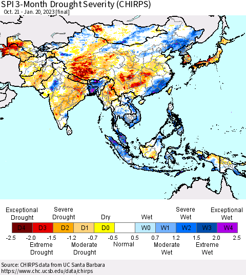 Asia SPI 3-Month Drought Severity (CHIRPS) Thematic Map For 10/21/2022 - 1/20/2023