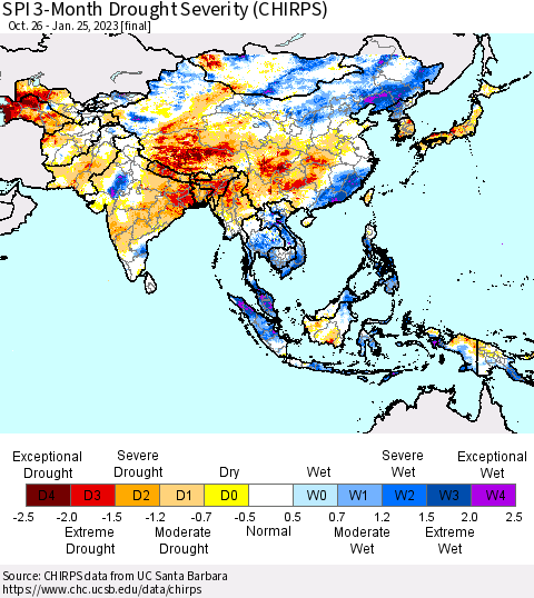Asia SPI 3-Month Drought Severity (CHIRPS) Thematic Map For 10/26/2022 - 1/25/2023