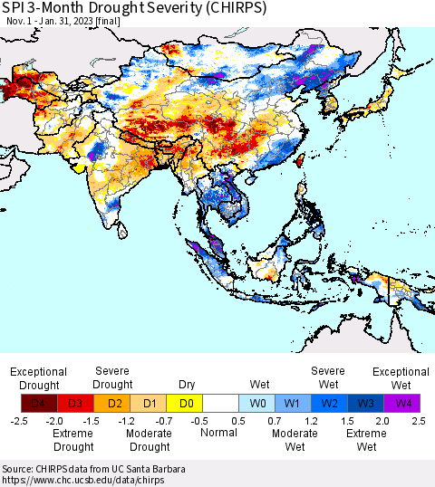 Asia SPI 3-Month Drought Severity (CHIRPS) Thematic Map For 11/1/2022 - 1/31/2023