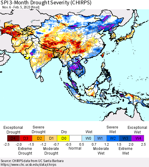 Asia SPI 3-Month Drought Severity (CHIRPS) Thematic Map For 11/6/2022 - 2/5/2023