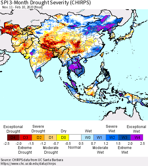 Asia SPI 3-Month Drought Severity (CHIRPS) Thematic Map For 11/11/2022 - 2/10/2023