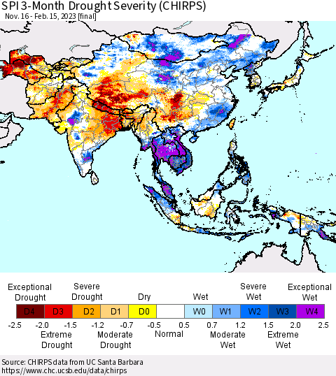 Asia SPI 3-Month Drought Severity (CHIRPS) Thematic Map For 11/16/2022 - 2/15/2023