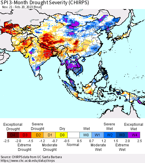 Asia SPI 3-Month Drought Severity (CHIRPS) Thematic Map For 11/21/2022 - 2/20/2023