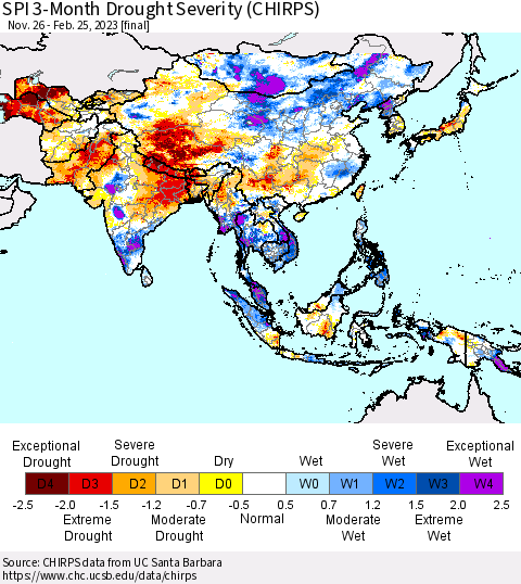 Asia SPI 3-Month Drought Severity (CHIRPS) Thematic Map For 11/26/2022 - 2/25/2023