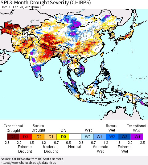 Asia SPI 3-Month Drought Severity (CHIRPS) Thematic Map For 12/1/2022 - 2/28/2023