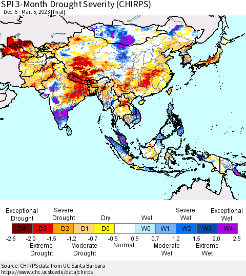 Asia SPI 3-Month Drought Severity (CHIRPS) Thematic Map For 12/6/2022 - 3/5/2023