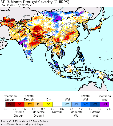 Asia SPI 3-Month Drought Severity (CHIRPS) Thematic Map For 12/11/2022 - 3/10/2023