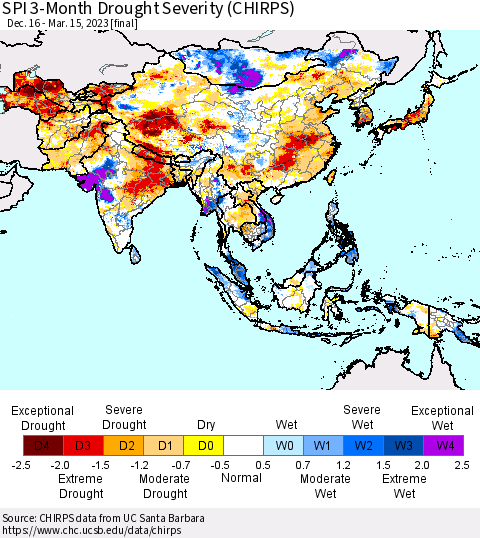 Asia SPI 3-Month Drought Severity (CHIRPS) Thematic Map For 12/16/2022 - 3/15/2023