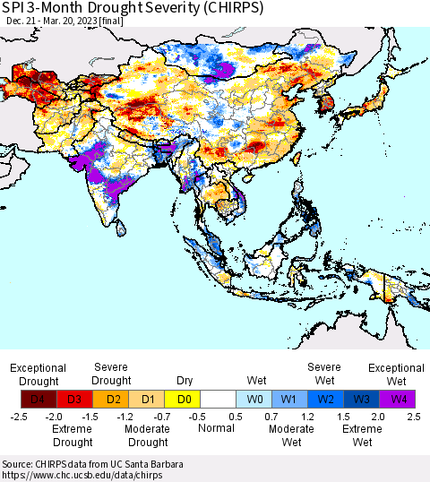 Asia SPI 3-Month Drought Severity (CHIRPS) Thematic Map For 12/21/2022 - 3/20/2023