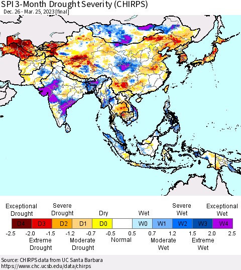 Asia SPI 3-Month Drought Severity (CHIRPS) Thematic Map For 12/26/2022 - 3/25/2023