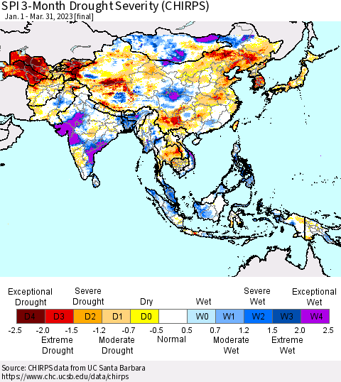 Asia SPI 3-Month Drought Severity (CHIRPS) Thematic Map For 1/1/2023 - 3/31/2023