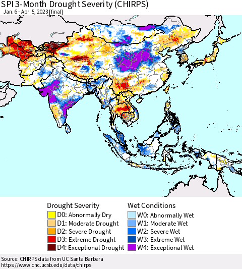 Asia SPI 3-Month Drought Severity (CHIRPS) Thematic Map For 1/6/2023 - 4/5/2023