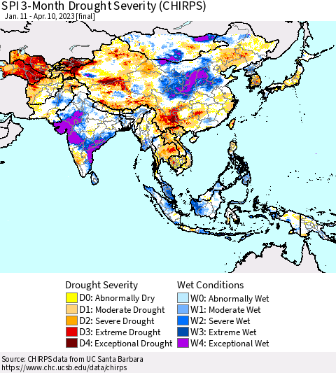 Asia SPI 3-Month Drought Severity (CHIRPS) Thematic Map For 1/11/2023 - 4/10/2023