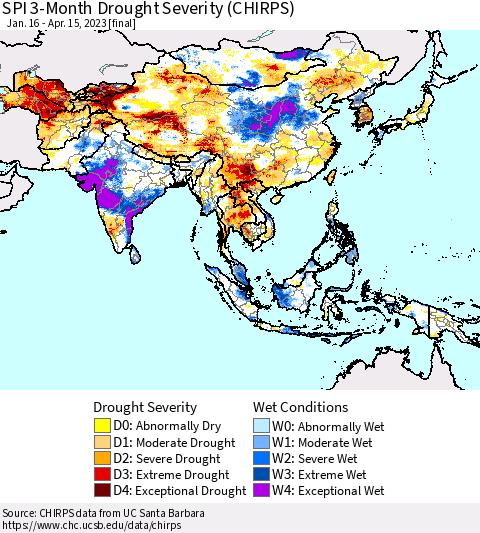 Asia SPI 3-Month Drought Severity (CHIRPS) Thematic Map For 1/16/2023 - 4/15/2023