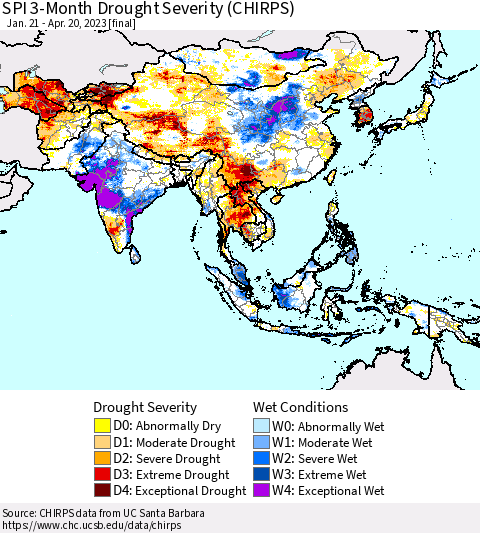 Asia SPI 3-Month Drought Severity (CHIRPS) Thematic Map For 1/21/2023 - 4/20/2023