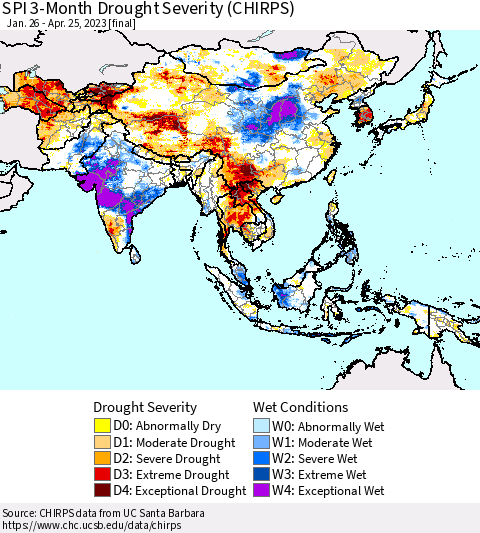 Asia SPI 3-Month Drought Severity (CHIRPS) Thematic Map For 1/26/2023 - 4/25/2023