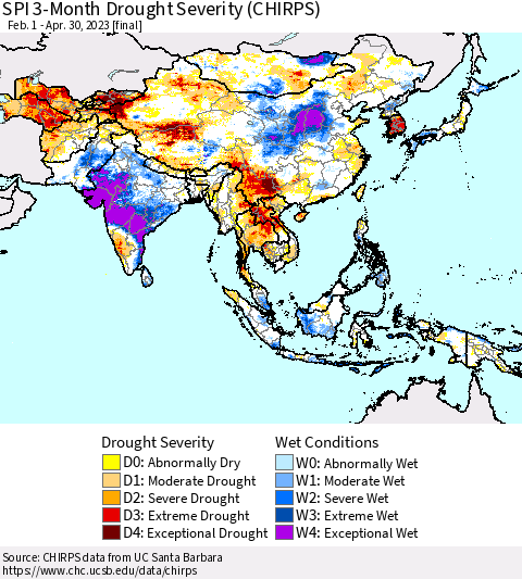 Asia SPI 3-Month Drought Severity (CHIRPS) Thematic Map For 2/1/2023 - 4/30/2023