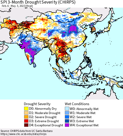 Asia SPI 3-Month Drought Severity (CHIRPS) Thematic Map For 2/6/2023 - 5/5/2023