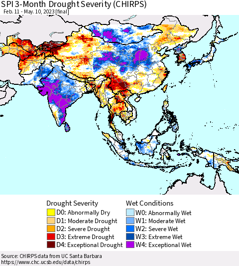 Asia SPI 3-Month Drought Severity (CHIRPS) Thematic Map For 2/11/2023 - 5/10/2023