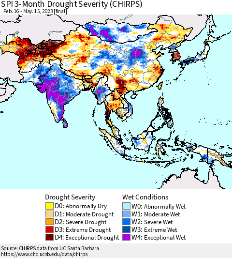 Asia SPI 3-Month Drought Severity (CHIRPS) Thematic Map For 2/16/2023 - 5/15/2023