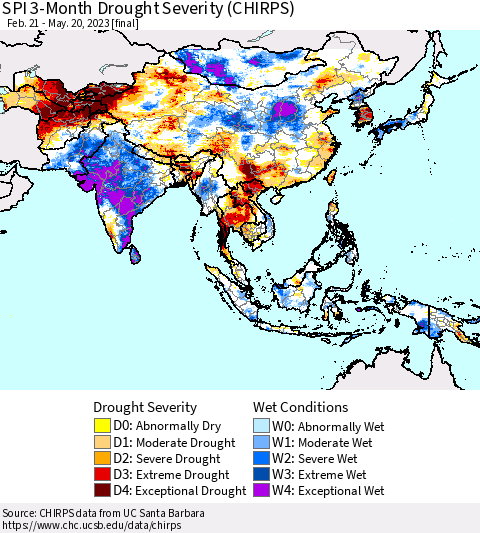 Asia SPI 3-Month Drought Severity (CHIRPS) Thematic Map For 2/21/2023 - 5/20/2023