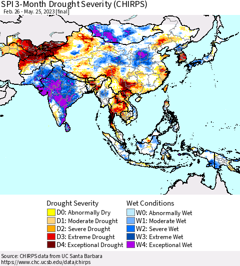 Asia SPI 3-Month Drought Severity (CHIRPS) Thematic Map For 2/26/2023 - 5/25/2023